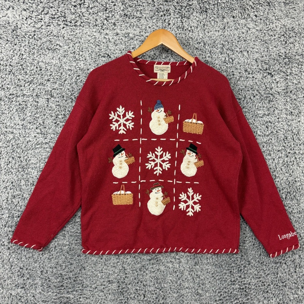 Vintage Ugly Christmas Sweater Womens Medium Red Snowman Longaberger Homestead